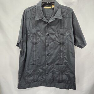 The Havanera Co Men's LG Embroidered Panels Short Sleeve Black Linen shirt